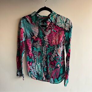 Talbots Floral Hawaiian Button Up Shirt Blouse Sz Small Petite SP Long Sleeve
